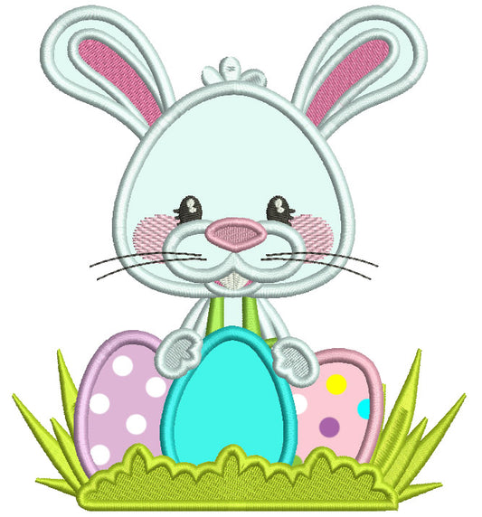Little Bunny Holding Three Easter Eggs Applique Machine Embroidery Design Digitized Pattern