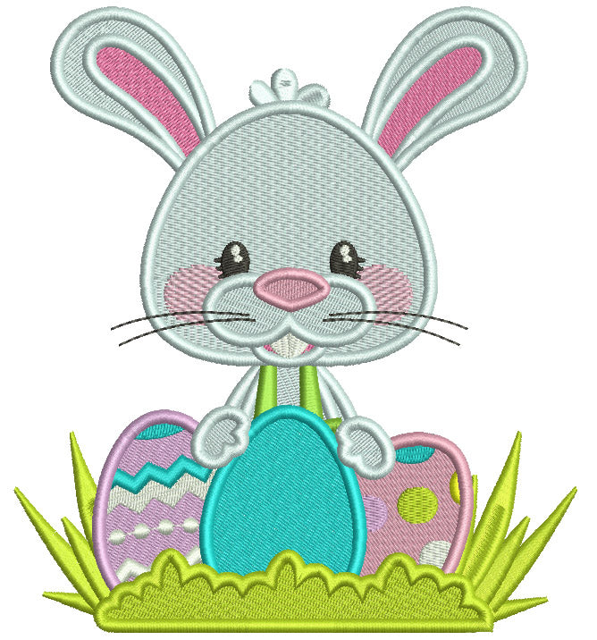 Little Bunny Holding Three Easter Eggs Filled Machine Embroidery Design Digitized Pattern