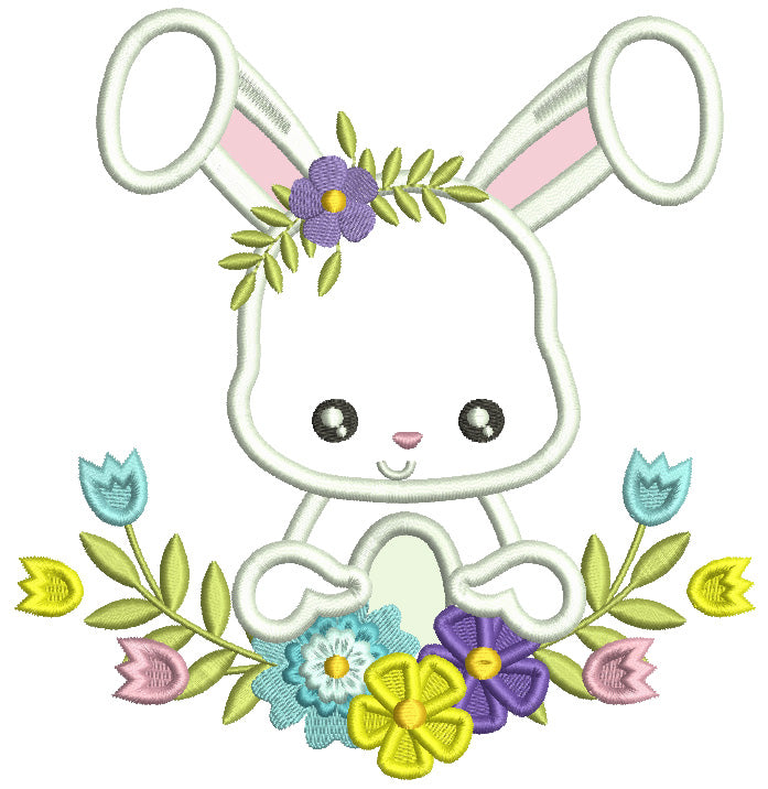 Little Bunny With Flowers Easter Applique Machine Embroidery Design Digitized Pattern