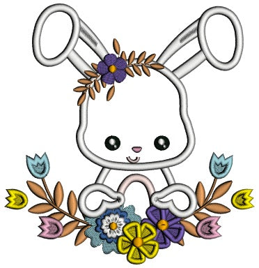 Little Bunny With Flowers Easter Applique Machine Embroidery Design Digitized Pattern