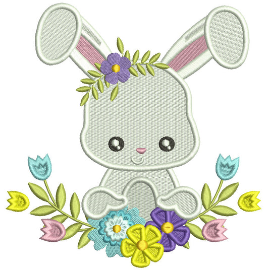 Little Bunny With Flowers Easter Filled Machine Embroidery Design Digitized Pattern