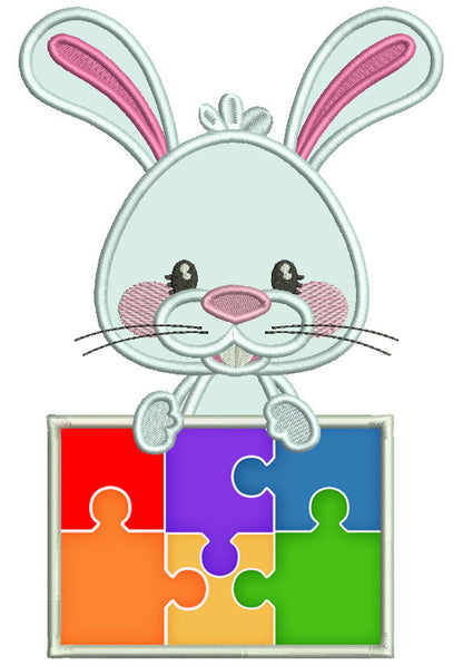 Little Bunny With a Puzzle Autistic Awareness Applique Machine Embroidery Design Digitized Pattern