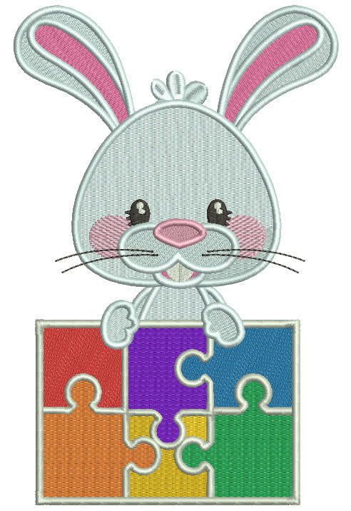 Little Bunny With a Puzzle Autistic Awareness Filled Machine Embroidery Design Digitized Pattern
