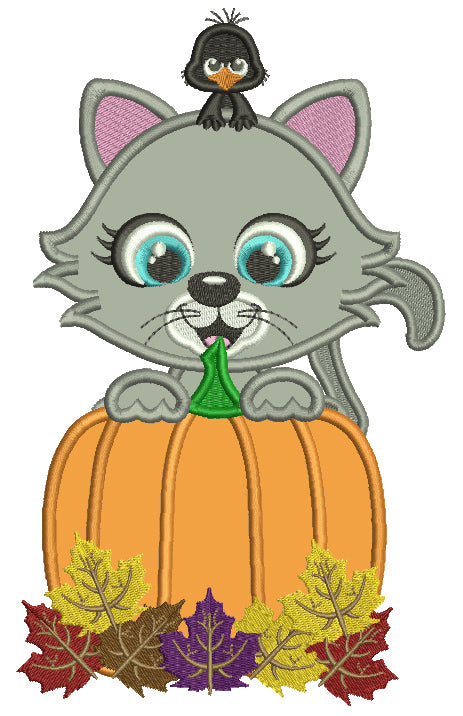 Little Cat Behind a Huge Pumpkin With a Cute Crow Fall Applique Thanksgiving Machine Embroidery Design Digitized Pattern