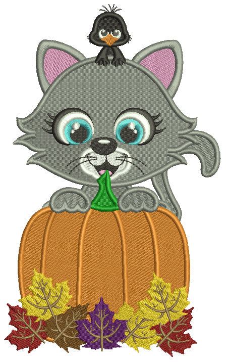 Little Cat Behind a Huge Pumpkin With a Cute Crow Fall Filled Thanksgiving Machine Embroidery Design Digitized Pattern