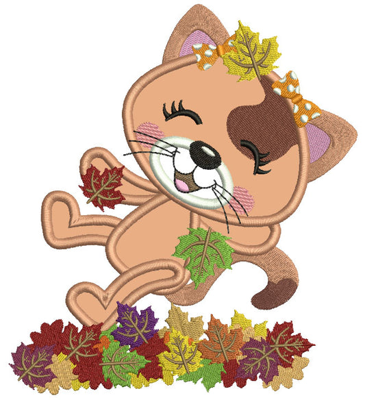 Little Cat Enjoying Falling Leaves Fall Applique Thanksgiving Machine Embroidery Design Digitized Pattern