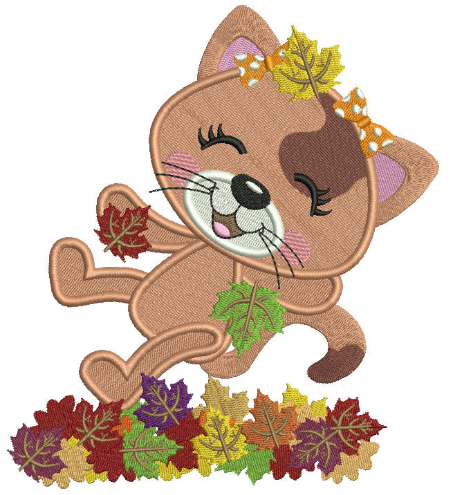 Little Cat Enjoying Falling Leaves Fall Filled Thanksgiving Machine Embroidery Design Digitized Pattern