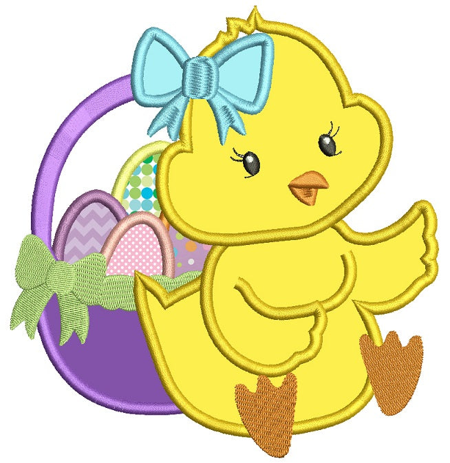 Little Chick Girl With Basket Full Off Easter Eggs Applique Machine Embroidery Design Digitized Pattern
