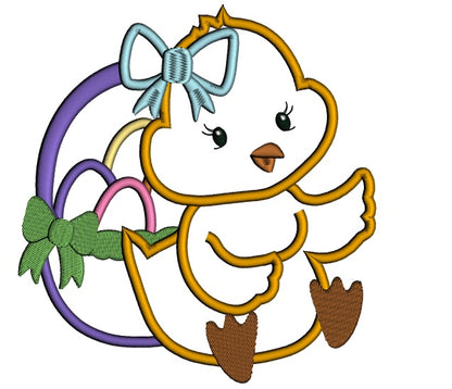 Little Chick Girl With Basket Full Off Easter Eggs Applique Machine Embroidery Design Digitized Pattern