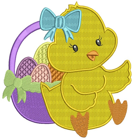 Little Chick Girl With Basket Full Off Easter Eggs Filled Machine Embroidery Design Digitized Pattern