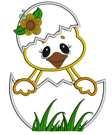 Little Chick Hatching From The Egg With Flower Applique Machine Embroidery Digitized Design Pattern