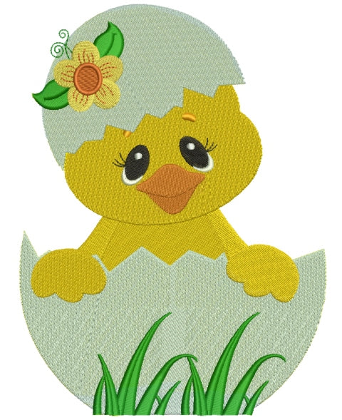 Little Chick Hatching From The Egg With Flower Filled Machine Embroidery Digitized Design Pattern