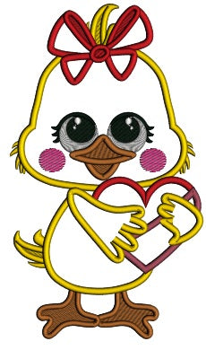 Little Chick Holding Big Heart Valentine's Day Applique Machine Embroidery Design Digitized Pattern