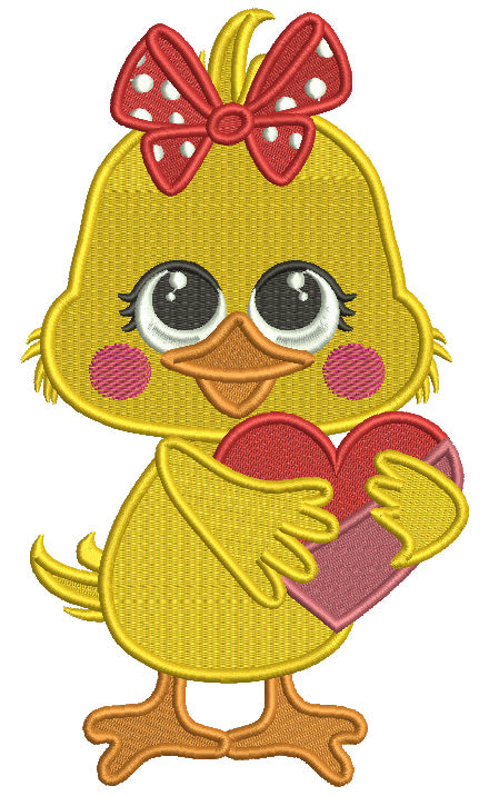 Little Chick Holding Big Heart Valentine's Day Filled Machine Embroidery Design Digitized Pattern