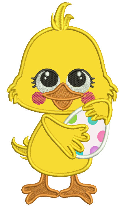 Little Chick Holding Easter Egg Applique Machine Embroidery Design Digitized Pattern