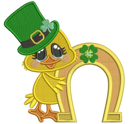 Little Chick Holding a Horseshoe Filled St. Patrick's Day Machine Embroidery Design Digitized Pattern