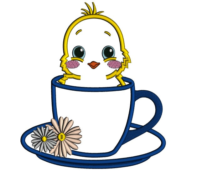 Little Chick Inside Tea Cup Easter Applique Machine Embroidery Design Digitized Pattern