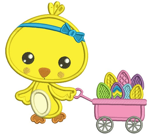 Little Chick Pulling Wagon With Easter Eggs Applique Machine Embroidery Design Digitized Pattern