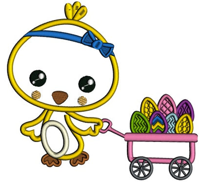Little Chick Pulling Wagon With Easter Eggs Applique Machine Embroidery Design Digitized Pattern