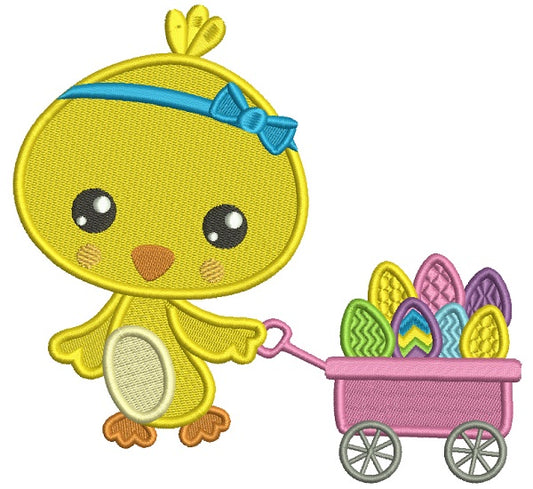 Little Chick Pulling Wagon With Easter Eggs Filled Machine Embroidery Design Digitized Pattern