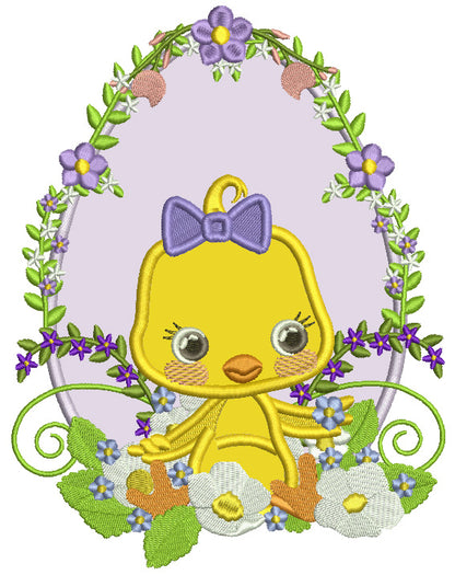 Little Chick Sitting In Front of Ornate Easter Egg Applique Machine Embroidery Design Digitized Pattern