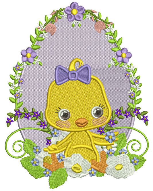 Little Chick Sitting In Front of Ornate Easter Egg Filled Machine Embroidery Design Digitized Pattern