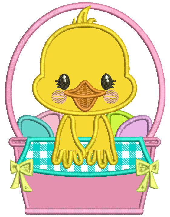 Little Chick Sitting Inside Basket With Easter Eggs Applique Machine Embroidery Design Digitized Pattern