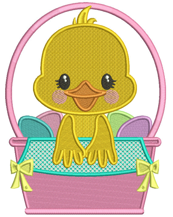Little Chick Sitting Inside Basket With Easter Eggs Filled Machine Embroidery Design Digitized Pattern