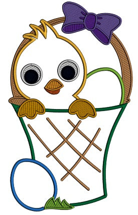 Little Chick Sitting Inside Basket With an Easter Egg Applique Machine Embroidery Design Digitized Pattern