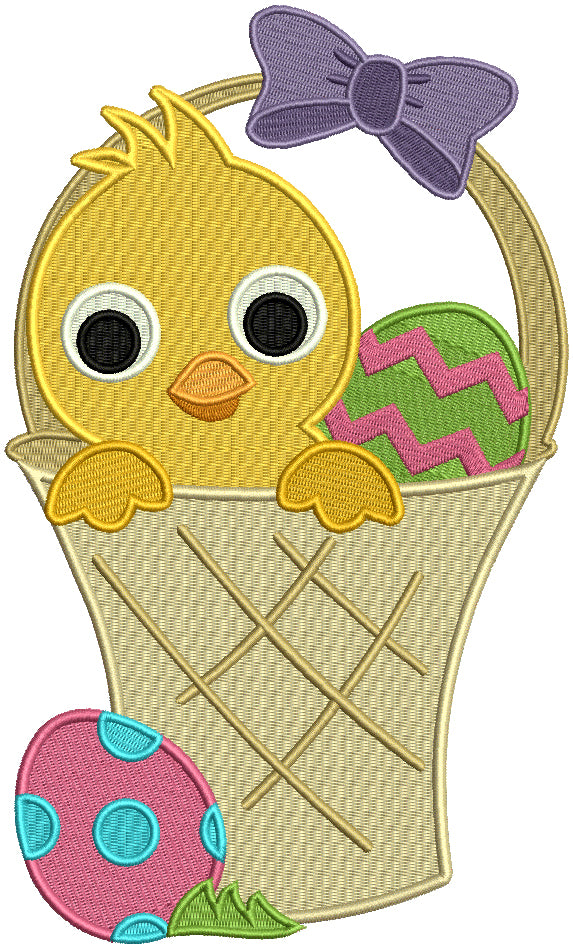 Little Chick Sitting Inside Basket With an Easter Egg Filled Machine Embroidery Design Digitized Pattern