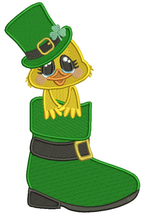 Little Chick Sitting Inside a Big Boot Filled St. Patrick's Day Machine Embroidery Design Digitized Pattern