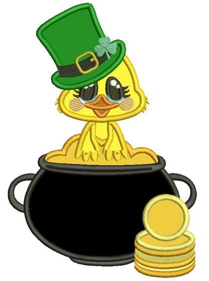Little Chick Sitting On a Pot Of Gold St.Patrick's Day Applique Machine Embroidery Design Digitized Pattern