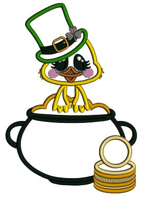 Little Chick Sitting On a Pot Of Gold St.Patrick's Day Applique Machine Embroidery Design Digitized Pattern