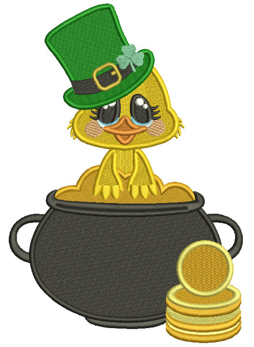 Little Chick Sitting On a Pot Of Gold St.Patrick's Day Filled Machine Embroidery Design Digitized Pattern