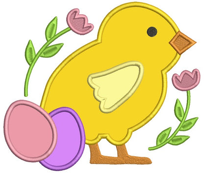 Little Chick With Easter Eggs And Flowers Applique Machine Embroidery Design Digitized Pattern