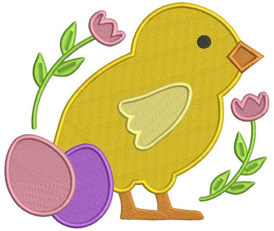 Little Chick With Easter Eggs And Flowers Filled Machine Embroidery Design Digitized Pattern