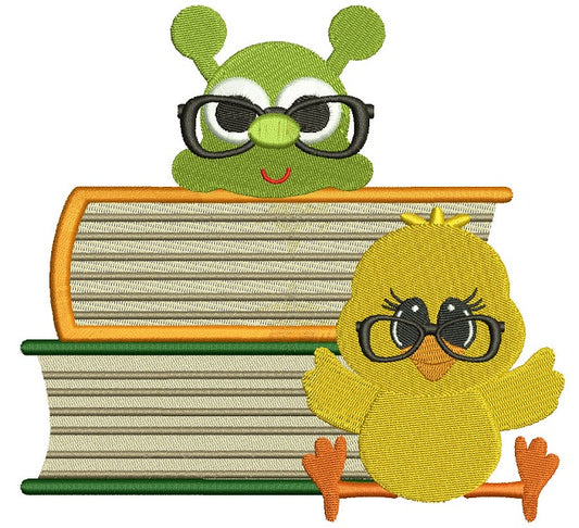 Little Chick with a Book Worm School Filled Machine Embroidery Digitized Design Pattern
