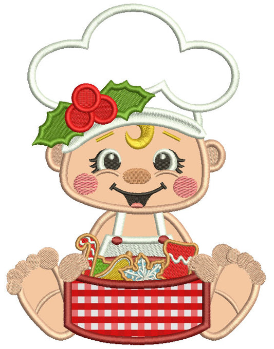 Little Cook With Box Of Cookies Christmas Applique Machine Embroidery Design Digitized Pattern