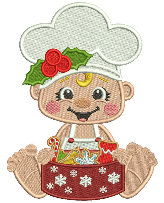Little Cook With Box Of Cookies Christmas Filled Machine Embroidery Design Digitized Pattern