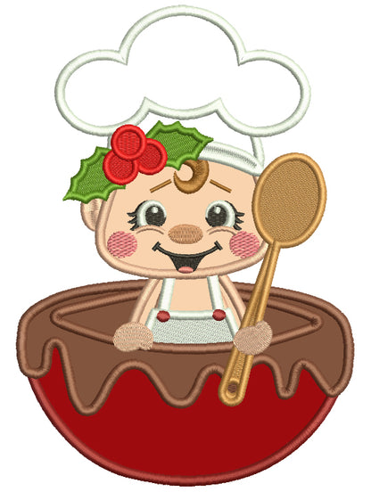 Little Cook With a Big Spoon Filled With Candy Christmas Applique Machine Embroidery Design Digitized Pattern
