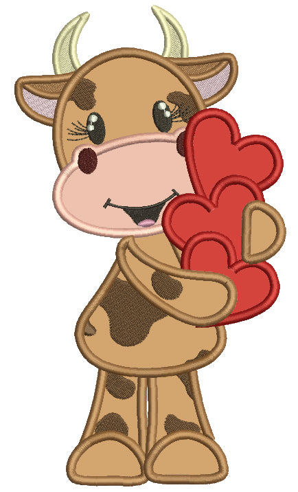 Little Cow Holding Hearts Applique Valentine's Day Machine Embroidery Design Digitized Pattern