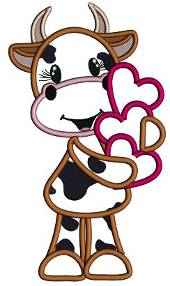 Little Cow Holding Hearts Applique Valentine's Day Machine Embroidery Design Digitized Pattern