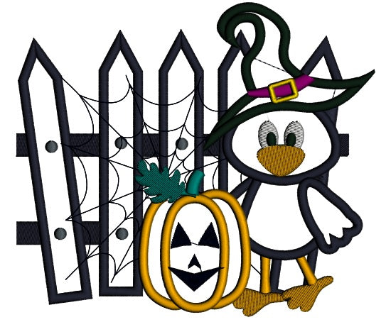 Little Crow In a Witch Hat and Pumpkin Spider Web Halloween Applique Machine Embroidery Design Digitized Pattern