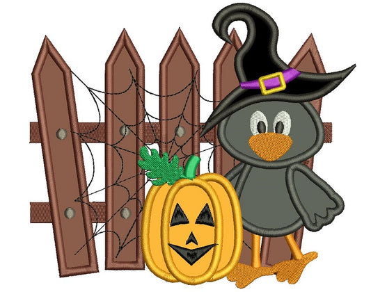 Little Crow In a Witch Hat and Pumpkin Spider Web Halloween Applique Machine Embroidery Design Digitized Pattern