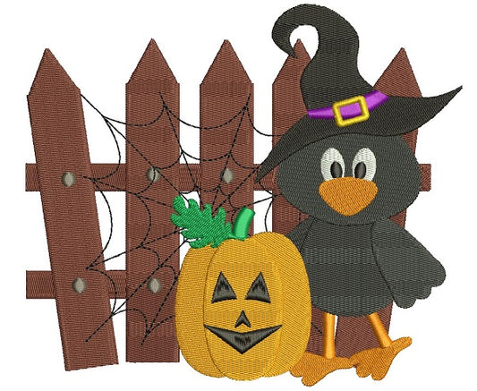 Little Crow In a Witch Hat and Pumpkin Spider Web Halloween Filled Machine Embroidery Design Digitized Pattern