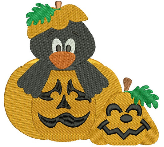Little Crow Sitting Inside Pumpkin Halloween Filled Machine Embroidery Design Digitized Pattern