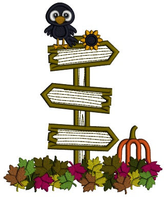 Little Crow Sitting On Crossroads Sign With Pumpkin And Fall Flowers Halloween Applique Machine Embroidery Design Digitized Pattern