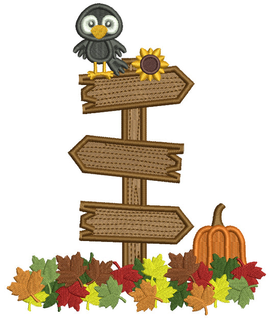 Little Crow Sitting On Crossroads Sign With Pumpkin And Fall Flowers Halloween Filled Machine Embroidery Design Digitized Pattern