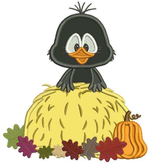 Little Crow Sitting On Hay With Leaves Thanksgiving Applique Machine Embroidery Design Digitized Pattern