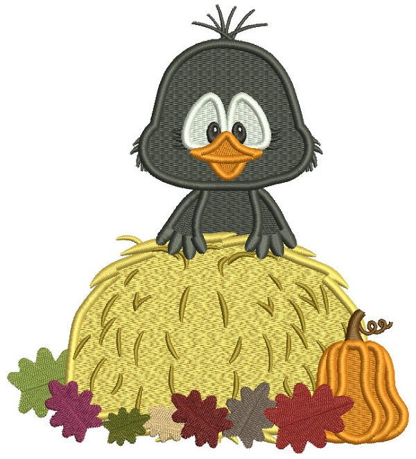 Little Crow Sitting On Hay With Leaves Thanksgiving Filled Machine Embroidery Design Digitized Pattern